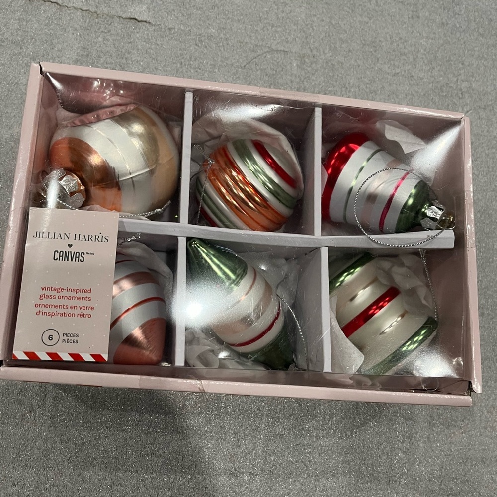 Jillian Harris CANVAS Christmas Presents, Ornament, Glass Vintage Inspired 6 pc